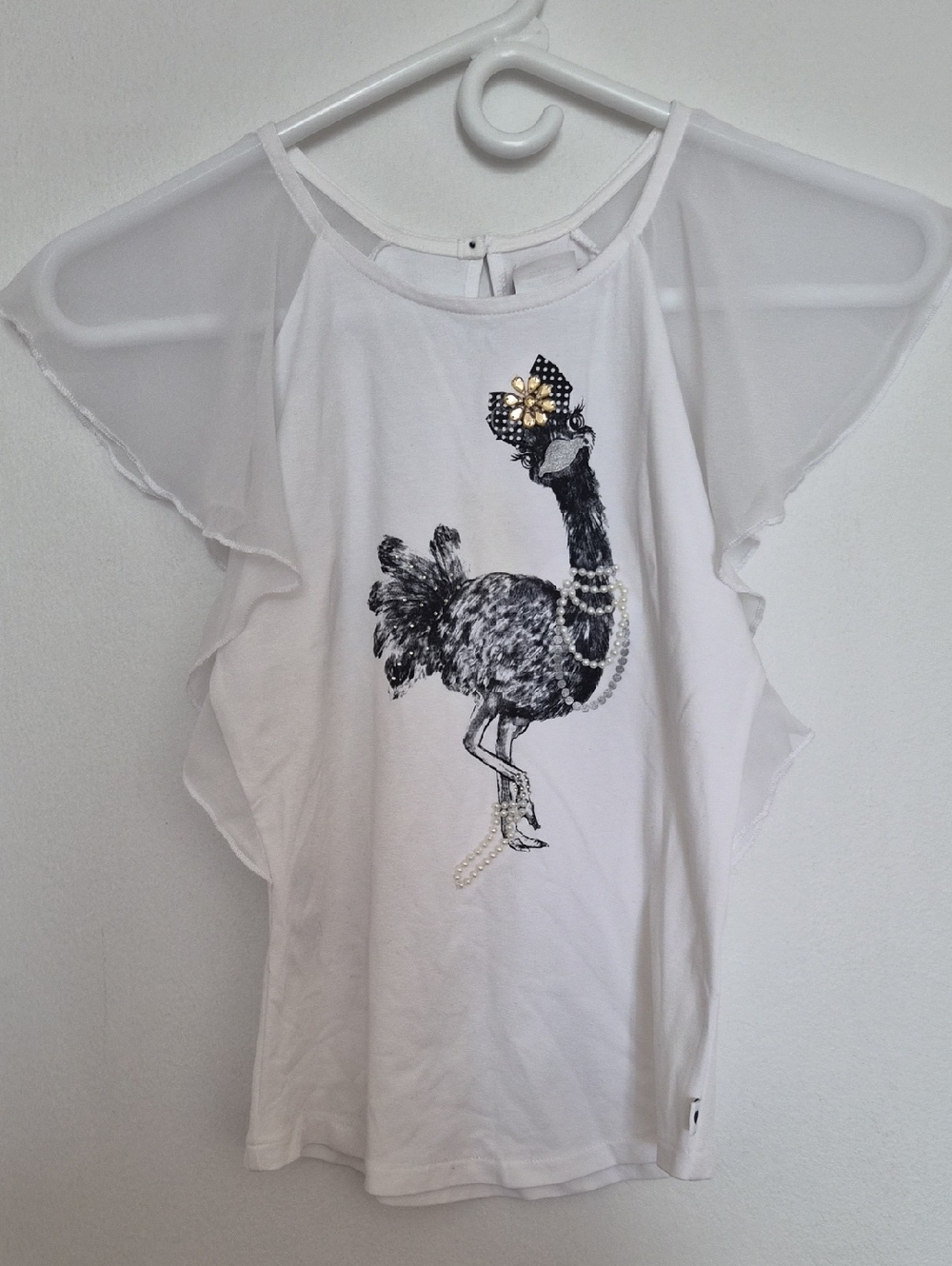 boboli Girl's White Top With Ostrich Wearing Pearls Size 10/140 cm